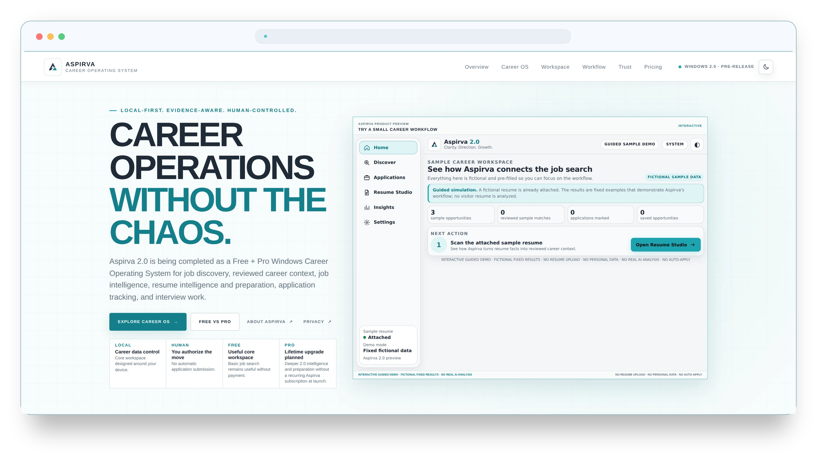 Detailed preview of the Aspirva job-search website