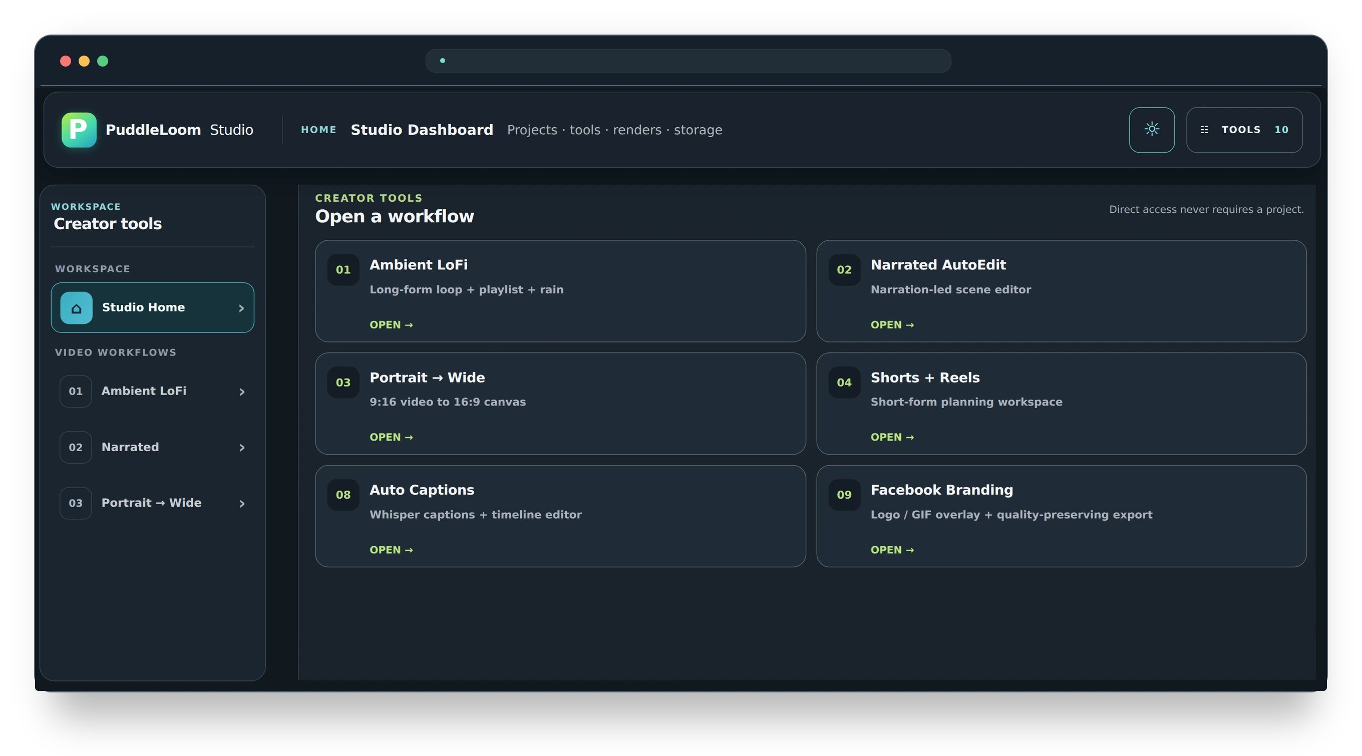 Detailed preview of the PuddleLoom Studio video tools website